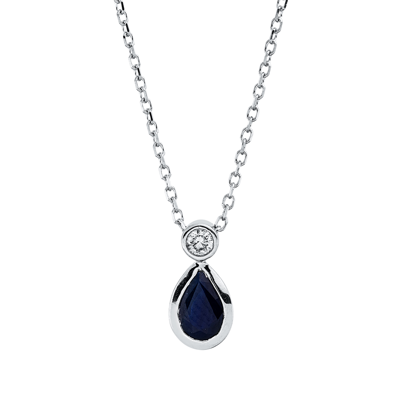 Collier 18 kt WG, mit ZÖ 40 cm + 42 cm, 1 Brill. 0,04 ct, TW-si, 1 Saphir 0,45 ct blau