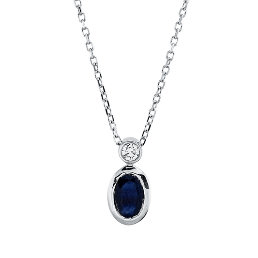 Collier 18 kt WG, mit ZÖ 40 cm + 42 cm, 1 Brill. 0,04 ct, TW-si, 1 Saphir 0,50 ct blau