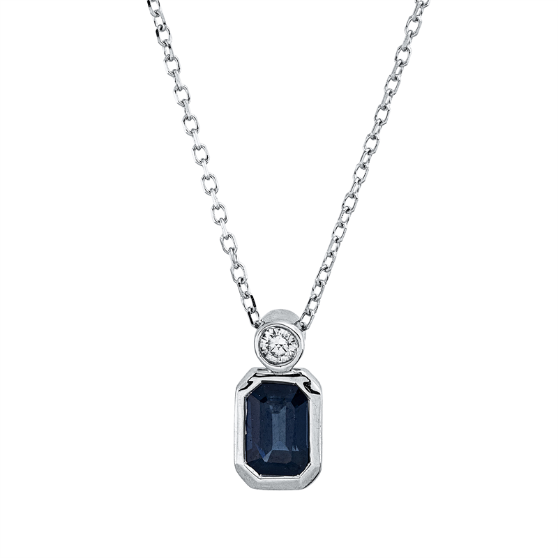 Collier 18 kt WG, mit ZÖ 40 cm + 42 cm, 1 Brill. 0,04 ct, TW-si, 1 Saphir 0,70 ct blau