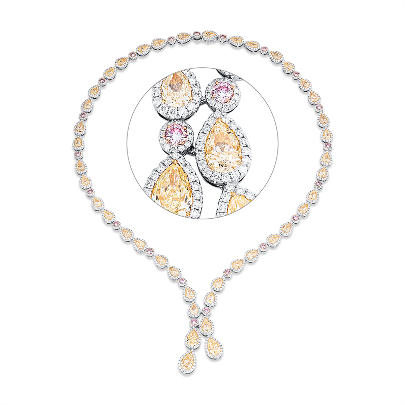 Collier 18 kt, 4 Tropfen 6,59 ct, gelb-vvs/vs/si, 943 Brill. 8,85 ct, fancy, 38 Tropfen 20,29 ct, gelb