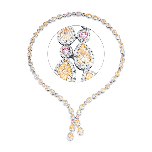 Collier 18 kt, 4 Tropfen 6,59 ct, gelb-vvs/vs/si, 943 Brill. 8,85 ct, fancy, 38 Tropfen 20,29 ct, gelb