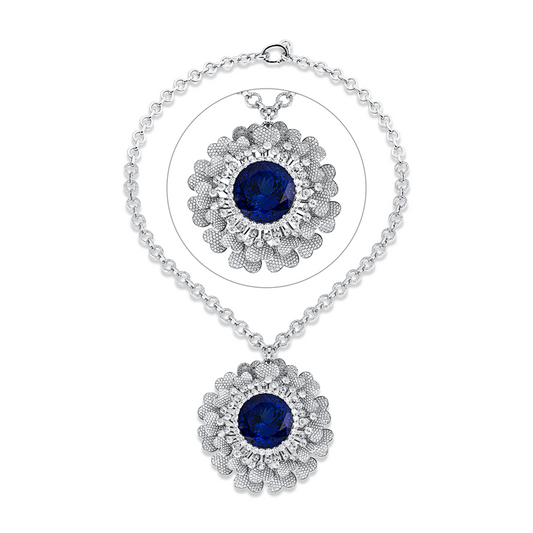 Collier 18 kt WG, 40 Rosen-Schl 4,26 ct, TW-si, 2224 Brill. 11,87 ct, TW-si, 1 Tansanit 69,05 ct blau