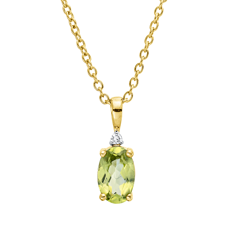 Collier 18 kt GG, Fassung rhodiniert, mit ZÖ 40, 1 Brill. 0,01 ct, TW-si, 1 Peridot 0,51 ct grün