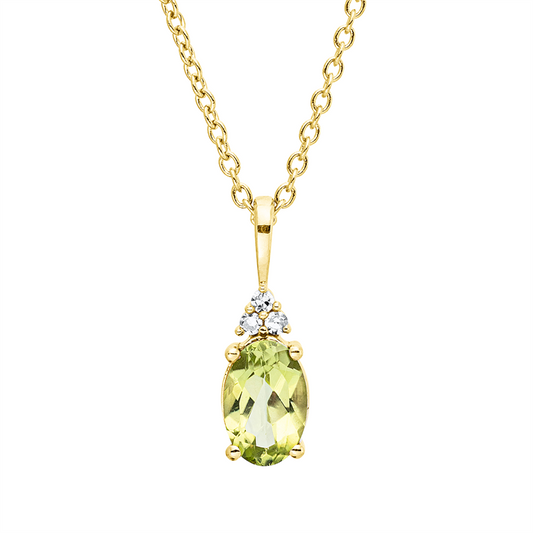 Collier 18 kt GG, mit ZÖ 40 cm + 42,5 cm, 3 Brill. 0,02 ct, TW-si, 1 Peridot 0,46 ct grün