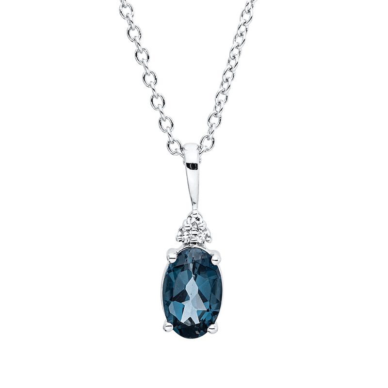 Collier 18 kt WG, mit ZÖ 40 cm + 42,5 cm, 3 Brill. 0,02 ct, TW-si, 1 Topas 0,48 ct Lond. blue