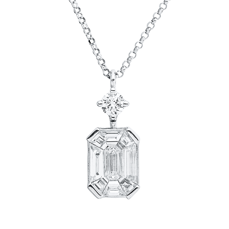 Collier 18 kt WG, mit ZÖ 40,5 cm + 38,0 cm, 1 Brill. 0,10 ct, TW-si, 9 Fant-Schl. 0,44 ct, TW-si, 2 Brill. 0,05 ct, TW-si