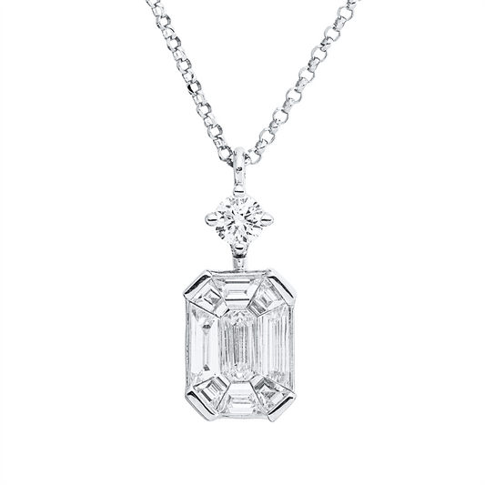 Collier 18 kt WG, mit ZÖ 40,5 cm + 38,0 cm, 1 Brill. 0,10 ct, TW-si, 9 Fant-Schl. 0,44 ct, TW-si, 2 Brill. 0,05 ct, TW-si