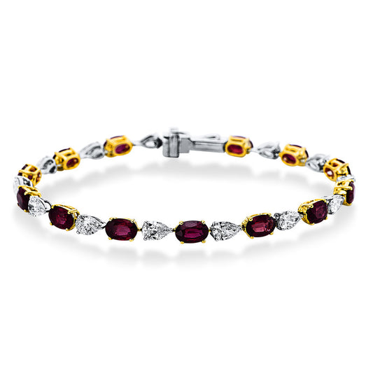 Armband 18 kt WG+GG, 14 Tropfen 3,84 ct, F-vsi, 14 Rubine 5,30 ct rot