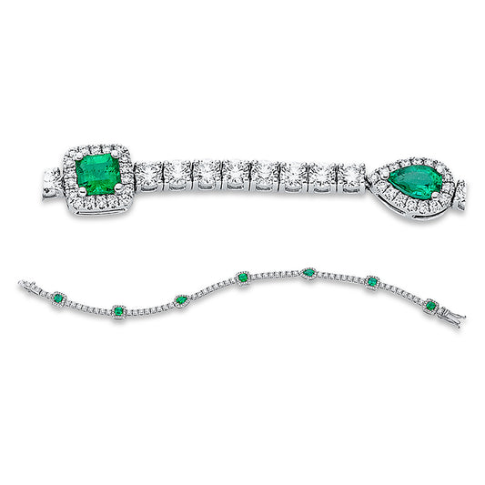 Armband 18 kt WG, 54 Brill. 2,46 ct, TW-vsi, 122 Brill. 0,43 ct, TW-vsi, 7 Smaragde 1,35 ct grün
