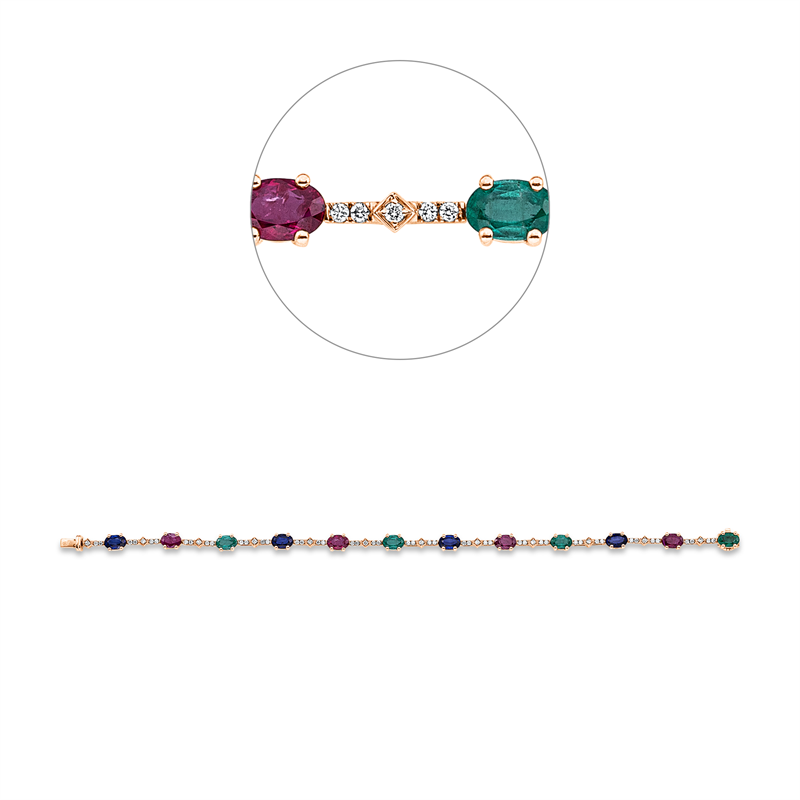 Armband 18 kt RG, 58 Brill. 0,43 ct, TW-si, 4 Rubine 2,29 ct rot, 4 Sm 1,72 ct grün, 4 Sapp 2,59ct blau