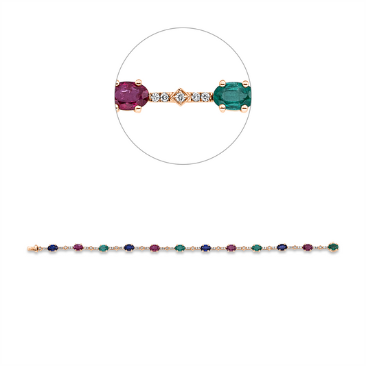Armband 18 kt RG, 58 Brill. 0,43 ct, TW-si, 4 Rubine 2,29 ct rot, 4 Sm 1,72 ct grün, 4 Sapp 2,59ct blau