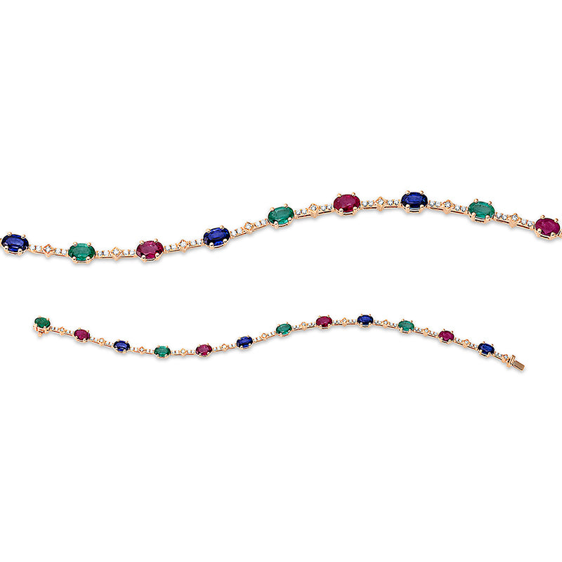 Armband 18 kt RG, 58 Brill. 0,43 ct, TW-si, 4 Rubine 2,29 ct rot, 4 Smaragde 1,72 ct grün, 4 Saphire 2,59 ct blau