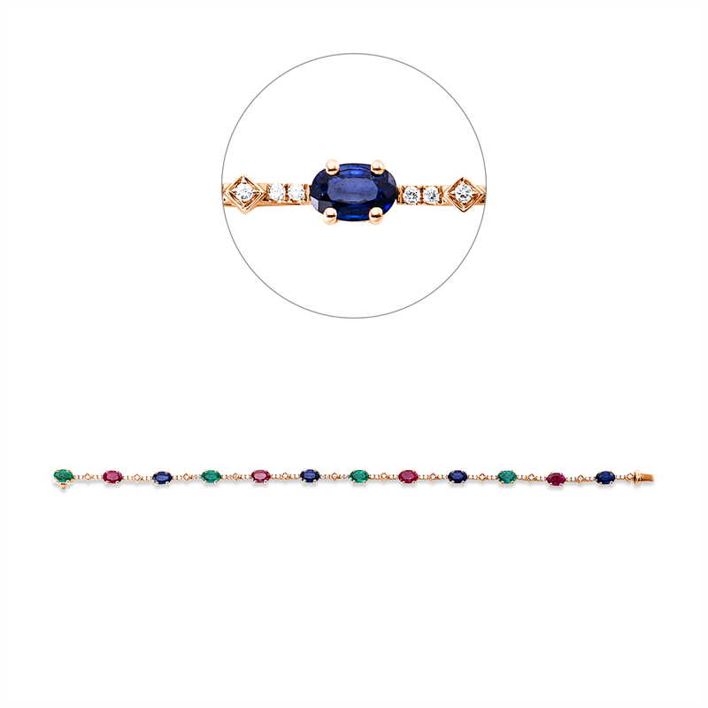 Armband 18 kt RG, 58 Brill.0,43ct, TW-si, 4 Rubine 2,29 ct rot, 4 Sma 1,72 ct grün, 4 Sapp 2,59 ct blau