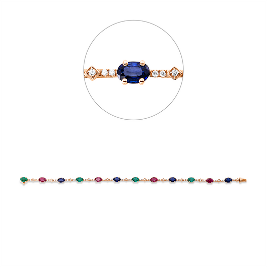 Armband 18 kt RG, 58 Brill.0,43ct, TW-si, 4 Rubine 2,29 ct rot, 4 Sma 1,72 ct grün, 4 Sapp 2,59 ct blau