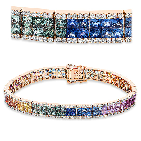 Armband 18 kt RG, 300 Brill. 1,45 ct, TW-si, 150 Saphire 12,12 ct multicolor