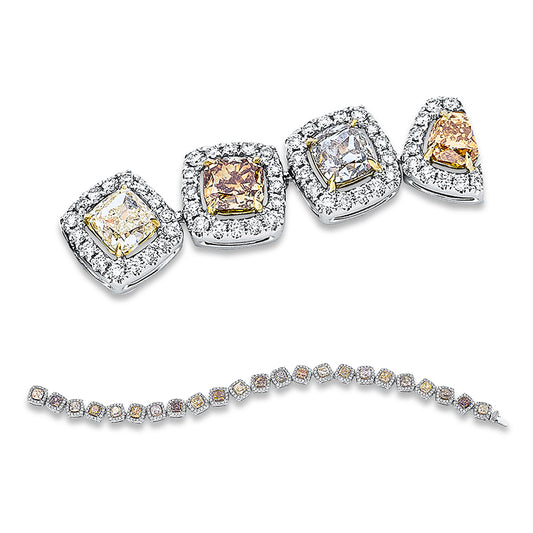 Armband 18 kt WG+GG, 366 Brill. 1,93 ct, TW-si, 23 Cushion 7,77 ct, fancy