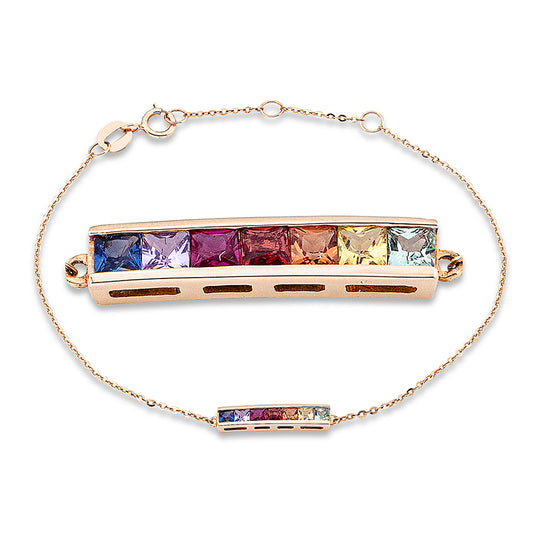Armband 18 kt RG, mit ZÖ 15 cm + 16.5 cm, 7 Saphire 0,41 ct multicolor