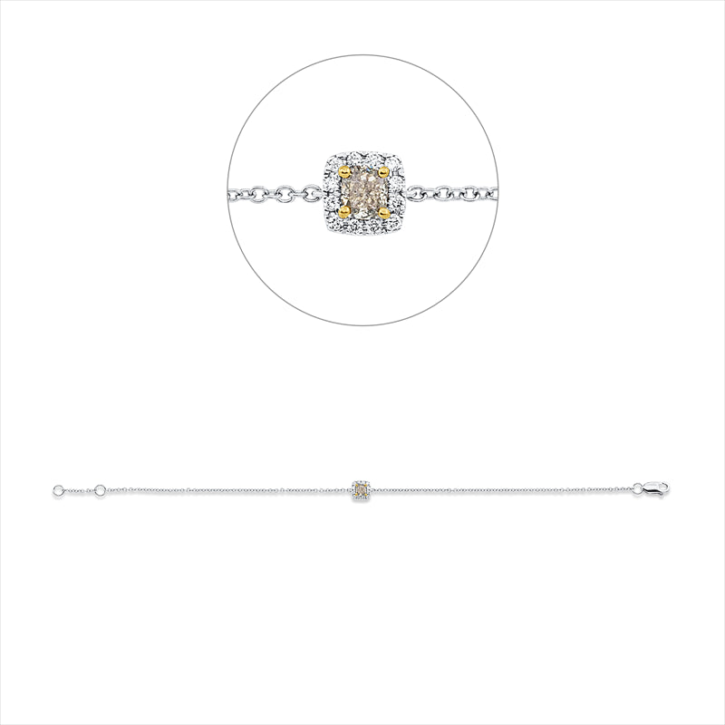 Armband 18 kt WG+GG, mit ZÖ 16,5 cm, 12 Brill. 0,06 ct, TW-si, 1 Cushion 0,25 ct, gelb
