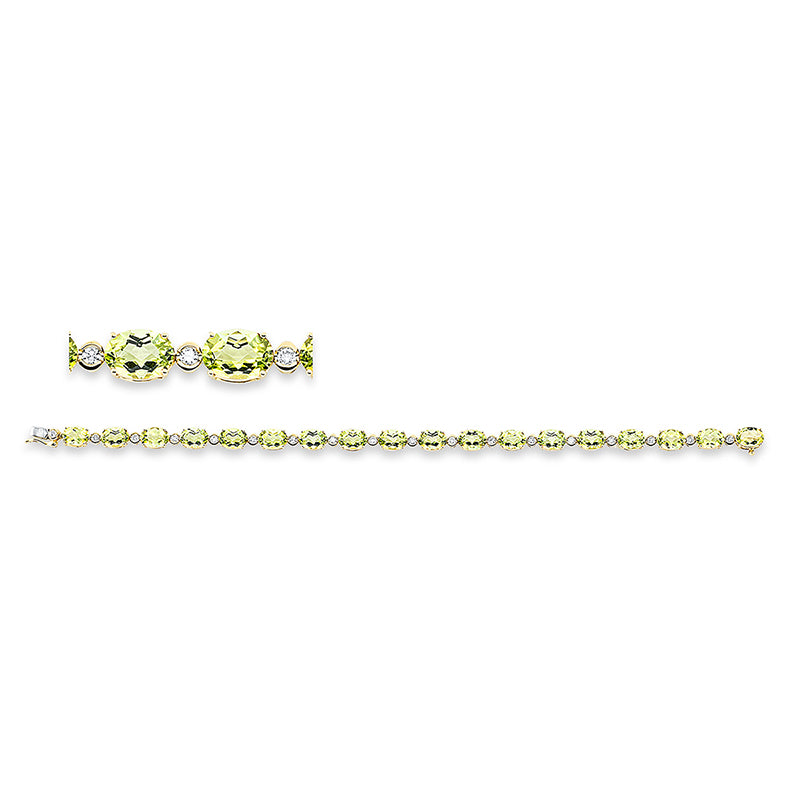 Armband 18 kt GG, 18 Brill. 0,49 ct, TW-si, 18 Peridot 15,70 ct grün