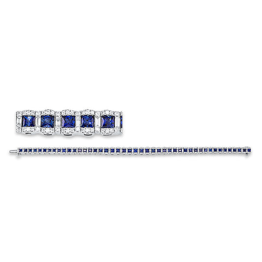 Armband 18 kt WG, 45 Bag. 0,69 ct, TW-si, 296 Brill. 1,38 ct, TW-si, 45 Saphire 6,61 ct blau