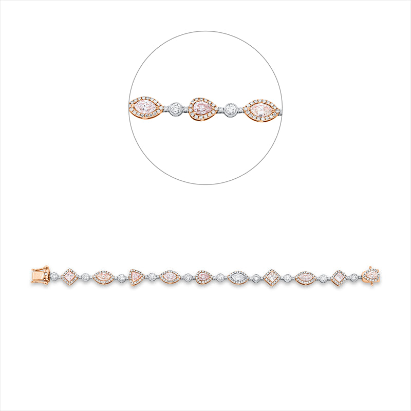 Armband 18 kt RG+WG, 10 Brill. 1,19 ct, 20 Brill. 0,28 ct, TW-si, 10 Dia. 5,14 ct, 165 Br. 1,21 ct, pink