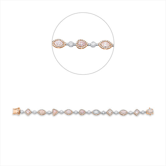 Armband 18 kt RG+WG, 10 Brill. 1,19 ct, 20 Brill. 0,28 ct, TW-si, 10 Dia. 5,14 ct, 165 Br. 1,21 ct, pink