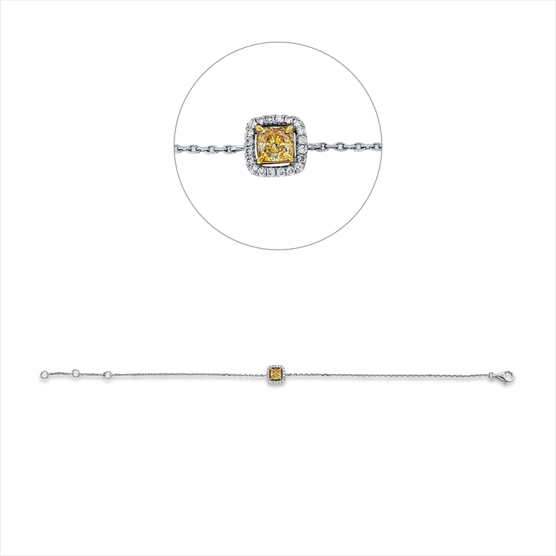 Armband 18 kt WG+GG, mit ZÖ 15cm, 16,5cm, 1 Cushion 0,36 ct, gelb, 20 Brill. 0,09 ct, TW-si