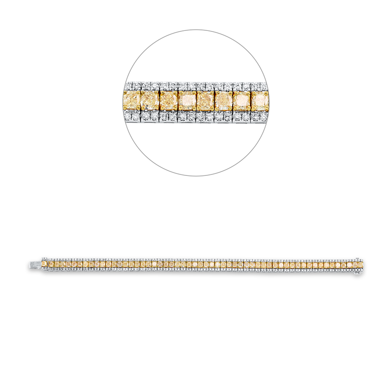 Armband 18 kt WG+GG, 224 Brill. 1,66 ct, TW-si, 56 Cushion 8,68 ct, gelb