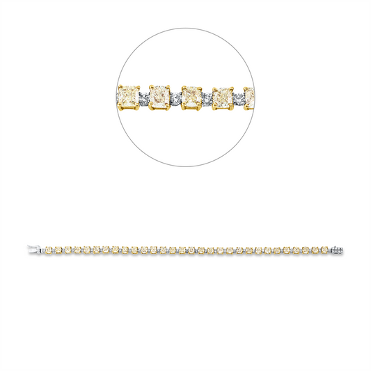 Armband 18 kt GG+WG, 8 Brill. 0,11 ct, W-pi, 31 Brill. 1,43 ct, W-pi, 30 Cushion 8,38 ct, gelb