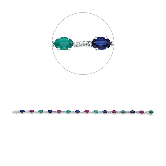 Armband 18 kt WG, 58 Brill. 0,93 ct, TW-si, 5 Rubine 2,64 ct rot, 5 Smaragde 2,21 ct grün, 5 Saphire 3,06 ct blau