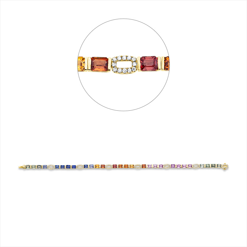 Armband 18 kt GG, 84 Brill. 0,27 ct, TW-pi, 28 Saphire 7,41 ct multicolor