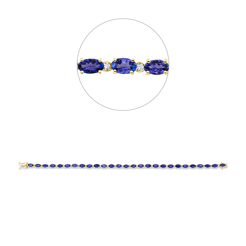 Armband 14 kt GG, 27 Brill. 0,49 ct, TW-si, 27 Tansanit 6,38 ct blau