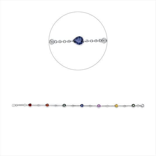 Armband 18 kt WG, mit ZÖ 16,5 cm, 6 Brill. 0,17 ct, W-pi, 7 Saphire 2,89 ct multicolor