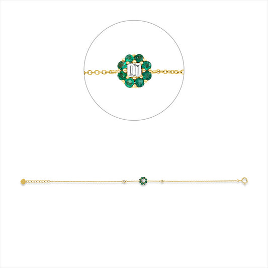 Armband 18 kt GG, 2 Bag. 0,06 ct, TW-vsi/si, 2 Brill. 0,03 ct, TW-vsi/si, 8 Smaragde 0,21 ct grün