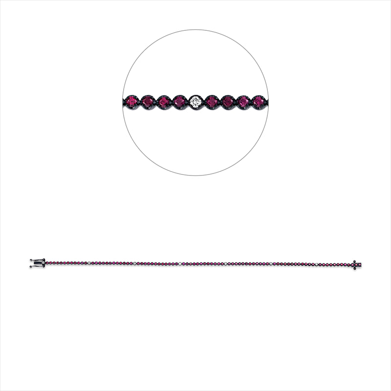 Armband 18 kt WG, Fassung schwarz rhodiniert, 7 Brill. 0,08 ct, W-si, 84 Rubine 1,14 ct rot