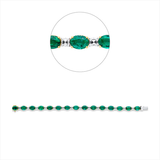 Armband 18 kt GG+WG, 15 Assher 4,63 ct, TW-vsi, 15 Smaragde 16,29 ct grün