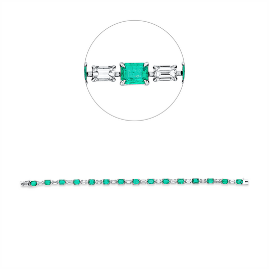 Armband 18 kt WG, 15 Bag. 2,89 ct, F-vvs/vs, 15 Smaragde 5,19 ct