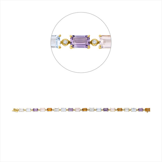 Armband 18 kt GG, 19 Brill. 0,21 ct, TW-si, 3 Morganit 1,60 ct rosé, 4 Amethyste 2,10 ct pink, 4 Topase 2,90 ct sky blue, 4 Amethyste 2,20 ct grün, 4 Citrin 2,00 ct gelb