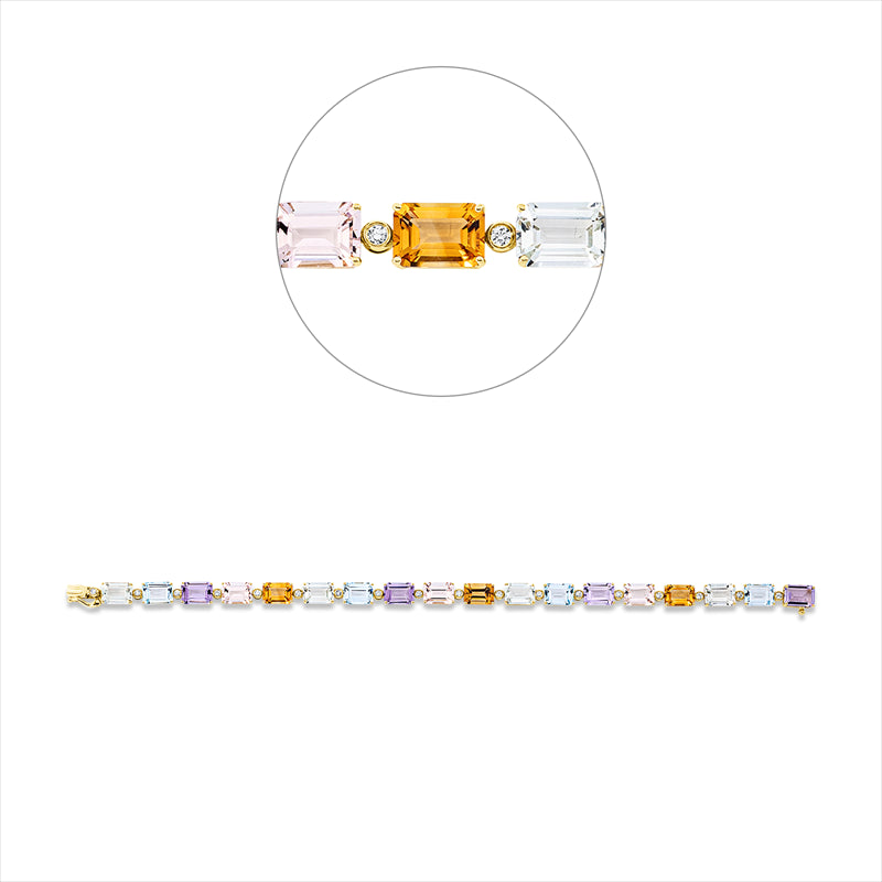 Armband 18 kt GG, 18 Brill. 0,29 ct, TW-si, 3 Morganit 3,00 ct rosé, 4 Amethyste 3,70 ct pink, 4 Topase 5,10 ct sky blue, 4 Amethyste 3,70 ct grün, 3 Citrin 2,70 ct gelb