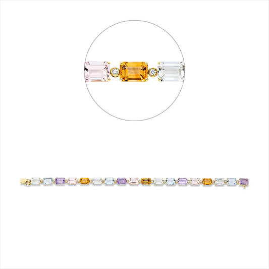 Armband 18 kt GG, 18 Brill. 0,29 ct, TW-si, 3 Morganit 3,00 ct rosé, 4 Amethyste 3,70 ct pink, 4 Topase 5,10 ct sky blue, 4 Amethyste 3,70 ct grün, 3 Citrin 2,70 ct gelb