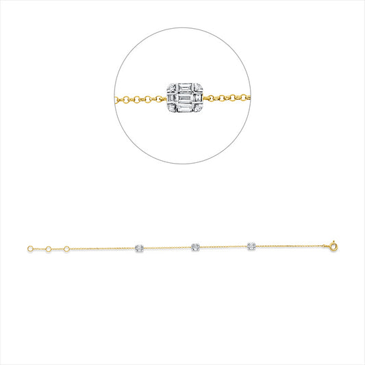 Armband 18 kt GG, Fassung rhod., ZÖ 15,5+16,5 cm, 15 Bag. 0,20 ct, TW-si, 12 Brill. 0,02 ct, TW-si
