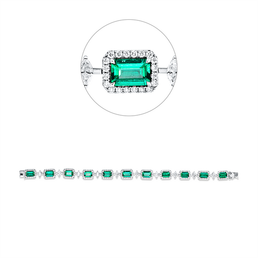 Armband 18 kt WG, 11 Nav. 1,15 ct, F-vvs/vs, 202 Brill. 1,34 ct, F-vvs/vs, 11 Smaragde 5,76 ct grün