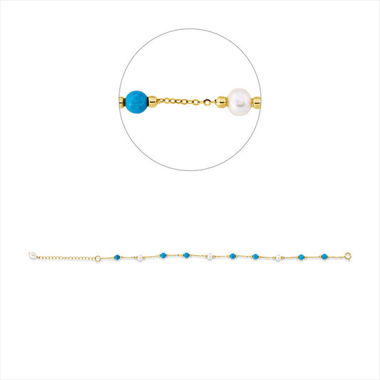 Armband 18 kt GG, mit ZÖ 18 cm, 7 Türkis 2,17 ct blau, 1 ZP weiß 4,5 mm, 3 ZP weiß 4 mm