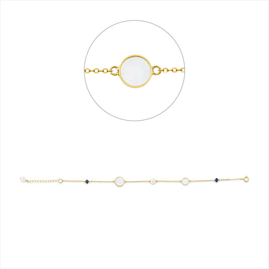 Armband 18 ktGG, 1 Perlmutt weiß 6mm, 1 Perlmutt weiß 8mm, 2 Saphire 0,33ct blau, 2 ZP weiß 4,5mm