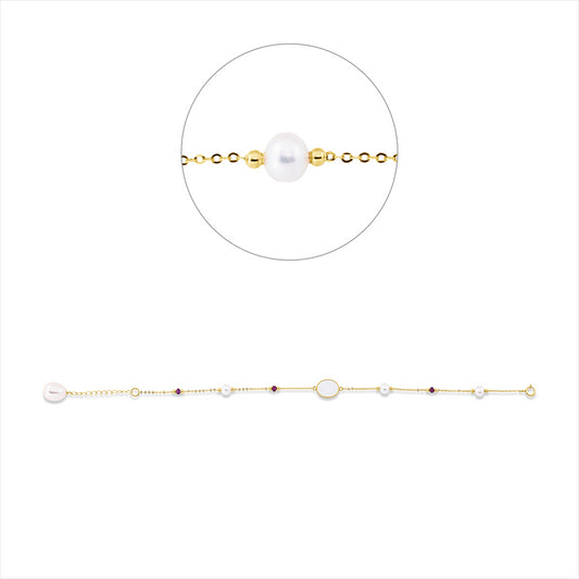 Armband 18 kt GG, 1 Perlmutt weiß 8x10mm, 3 Rubine 0,95 ct rot, 1 ZP weiß 9 mm, 3 ZP weiß 4,5 mm