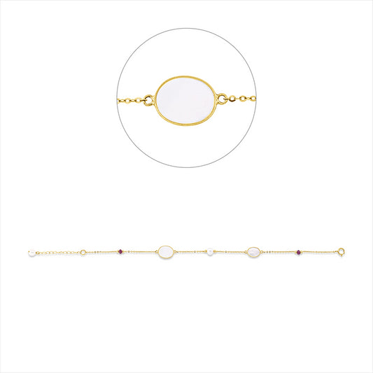 Armband 18 ktGG,1 Perlmutt weiß 6x8mm,1 Perlmutt weiß 8x10mm,2 Rubine0,63ct rot,2 ZP weiß4,5mm