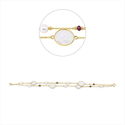 Armband 18ktGG,2 Perlmutt weiß 6x8mm,2 Perlmutt weiß 8x10mm,4 Rubine 1,26ct rot,6 ZP weiß4,5mm