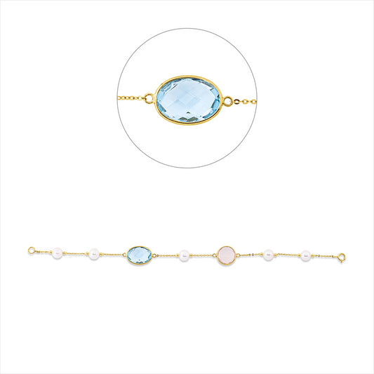 Armband 18 kt GG, 1 Quarz 3,50 ct rosa, 1 Topas 5,80 ct blau, 5 ZP weiß 6 mm