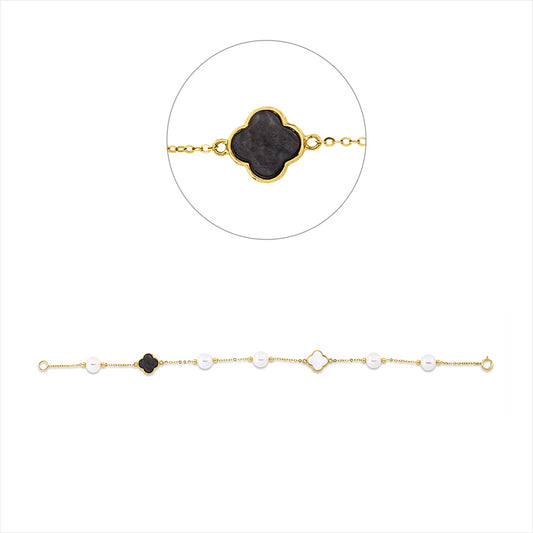 Armband 18 kt GG, 1 Perlmutt schwarz 8mm, 1 Perlmutt weiß 8mm, 5 ZP weiß 6 mm
