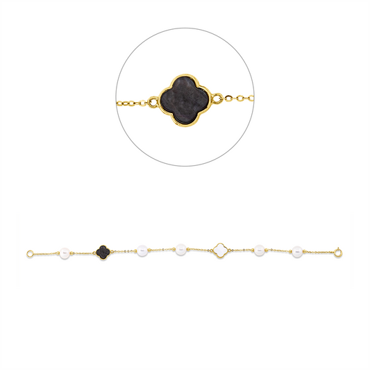 Armband 18 kt GG, 1 Perlmutt schwarz, 1 Perlmutt weiß, 5 SW weiß 6 mm